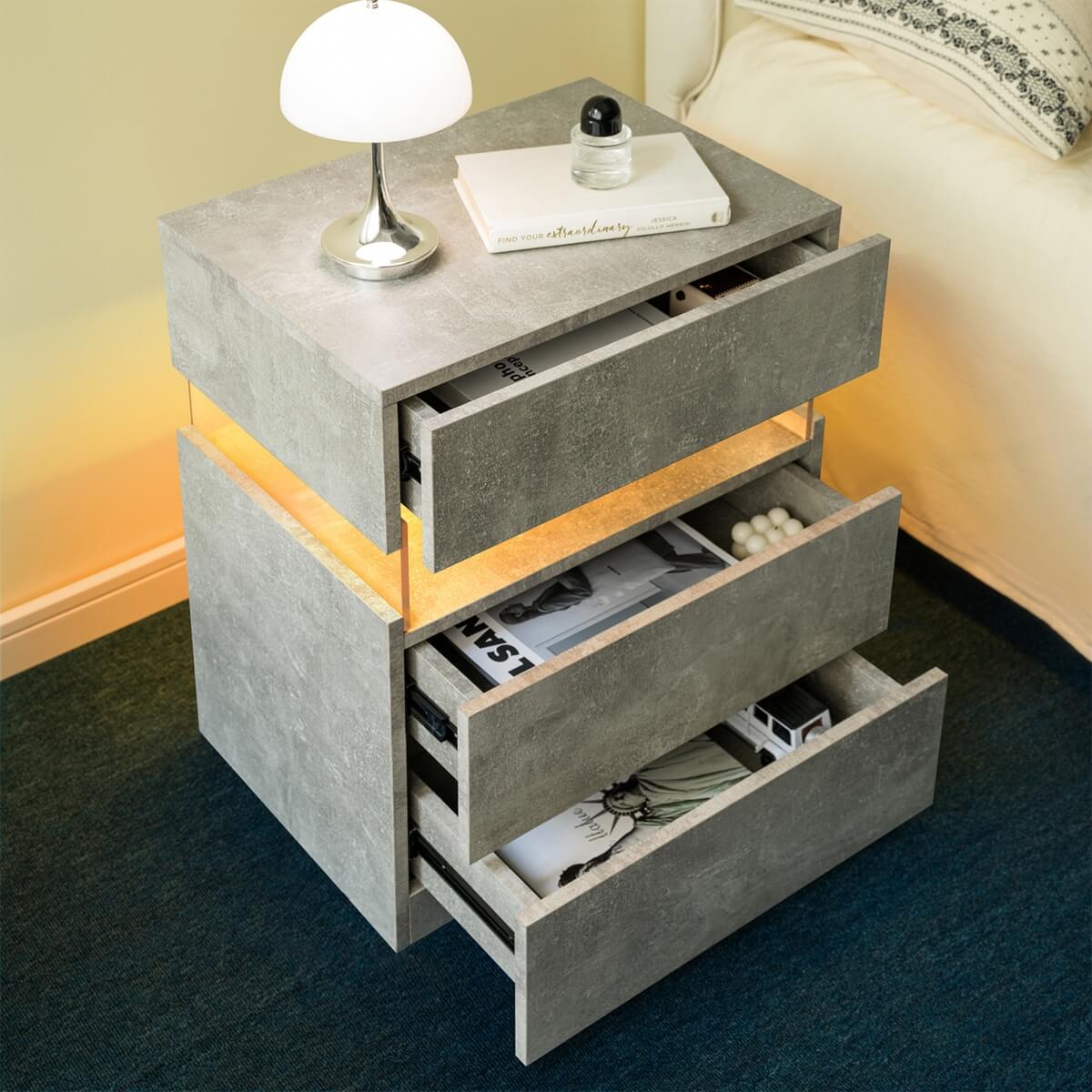 LED Bedside Table with 3 Drawers - Acrylic, Grey