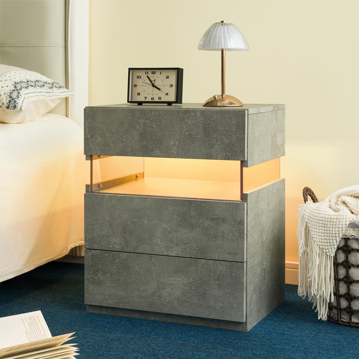 LED Bedside Table with 3 Drawers - Acrylic, Grey