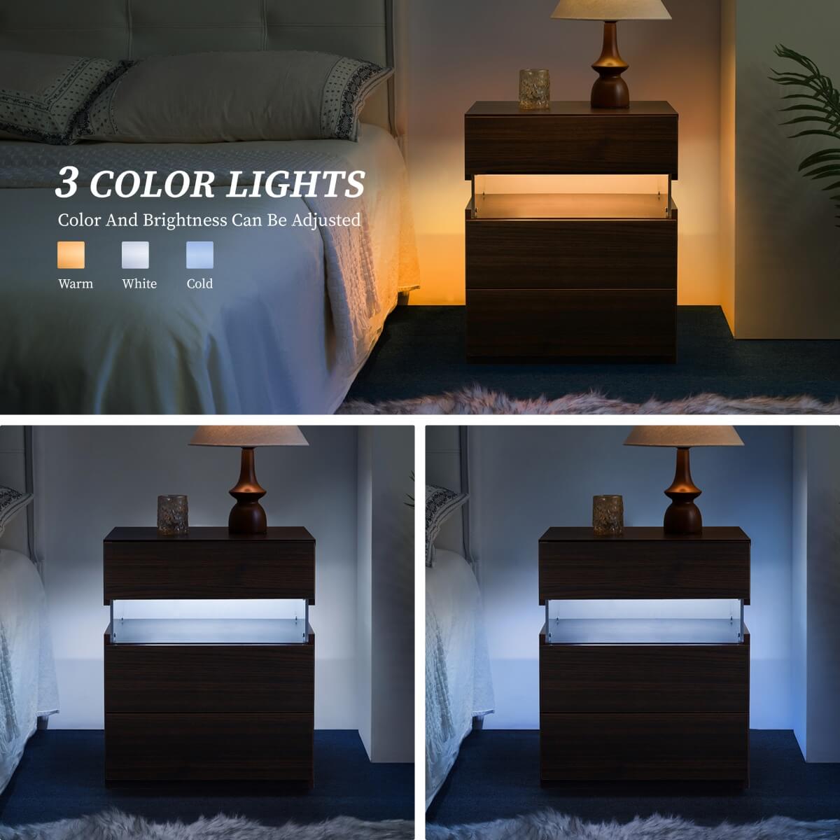 Walnut LED Bedside Table with 3 Drawers - Modern Bedroom Nightstand with LED Lighting
