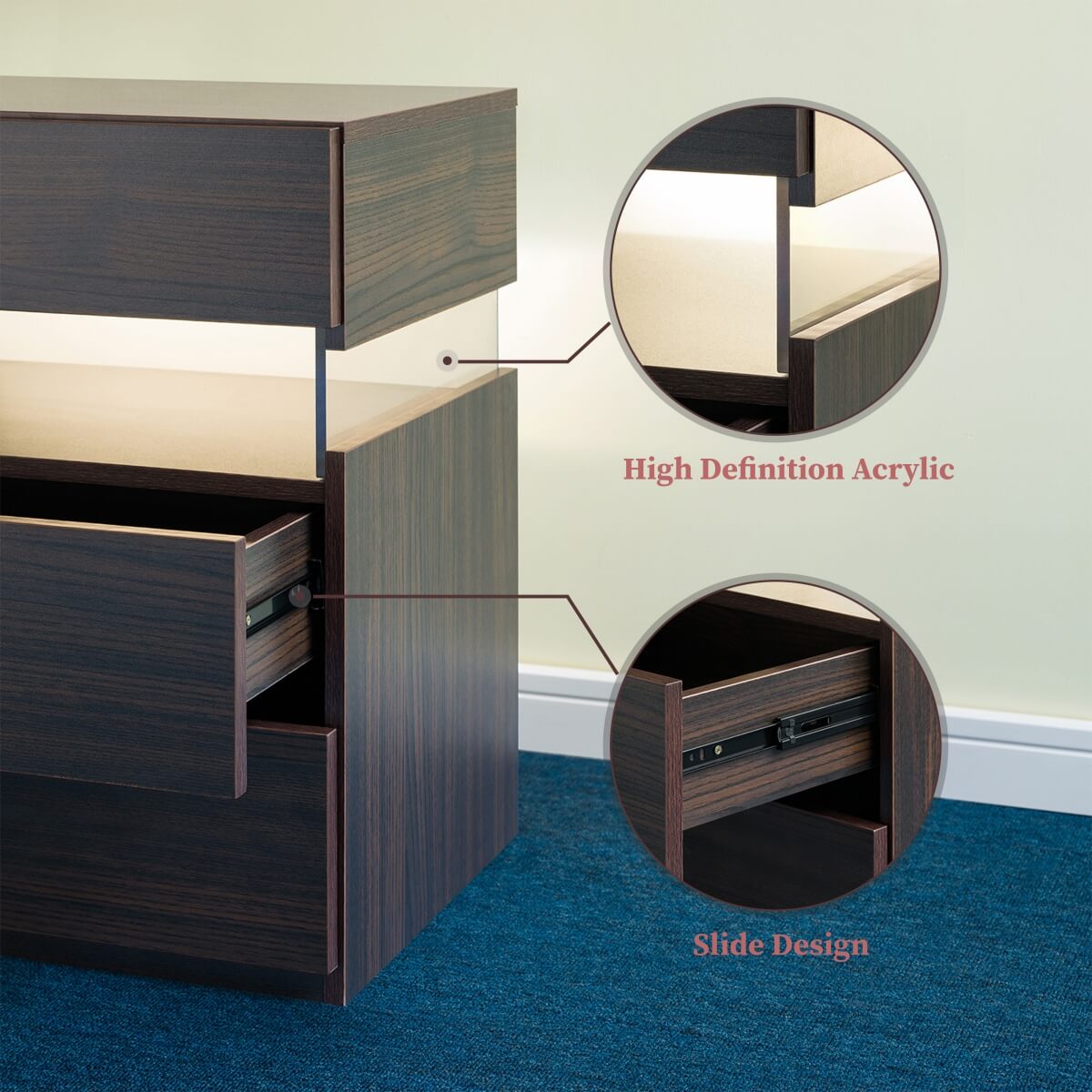Walnut LED Bedside Table with 3 Drawers - Modern Bedroom Nightstand with LED Lighting