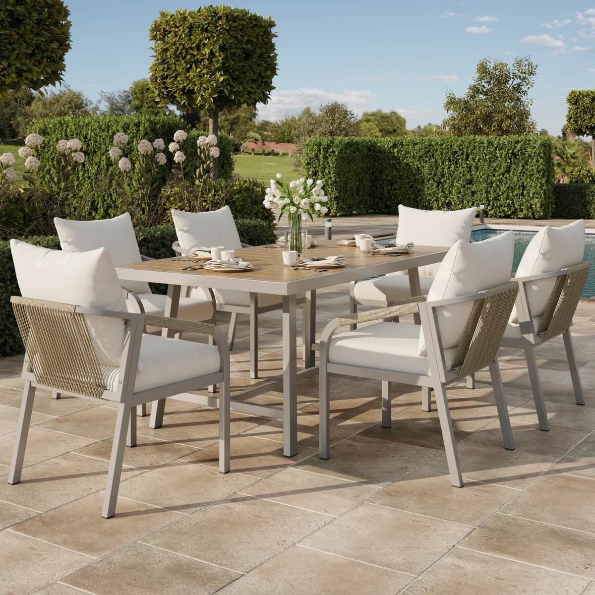 6 Seater Garden Dining Set - Galvanised Iron Frame, Rope Chairs & Wood Effect Table, Beige