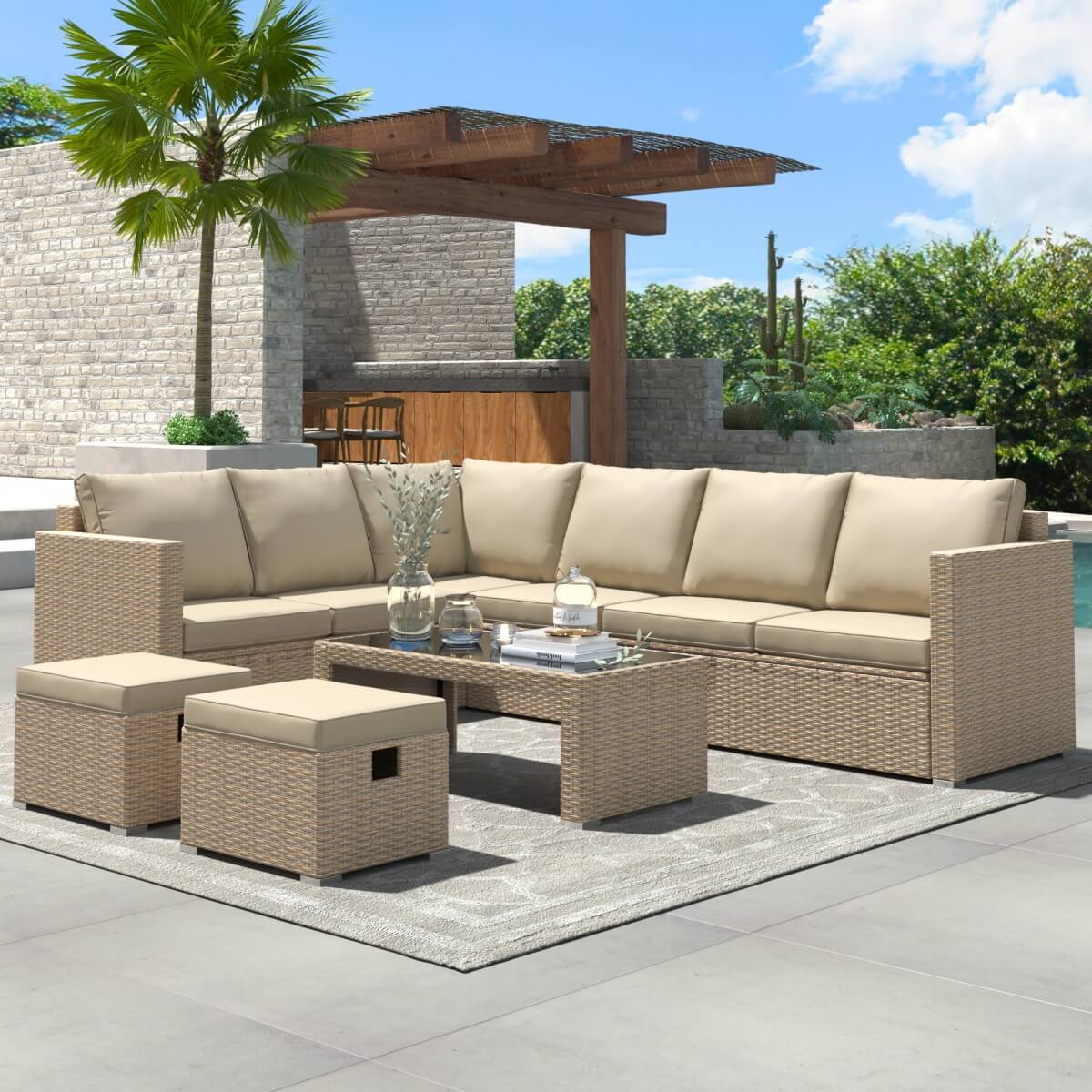 Garden Corner Sofa Set – Khaki Rattan Outdoor Furniture with Coffee Table and 2 Stools