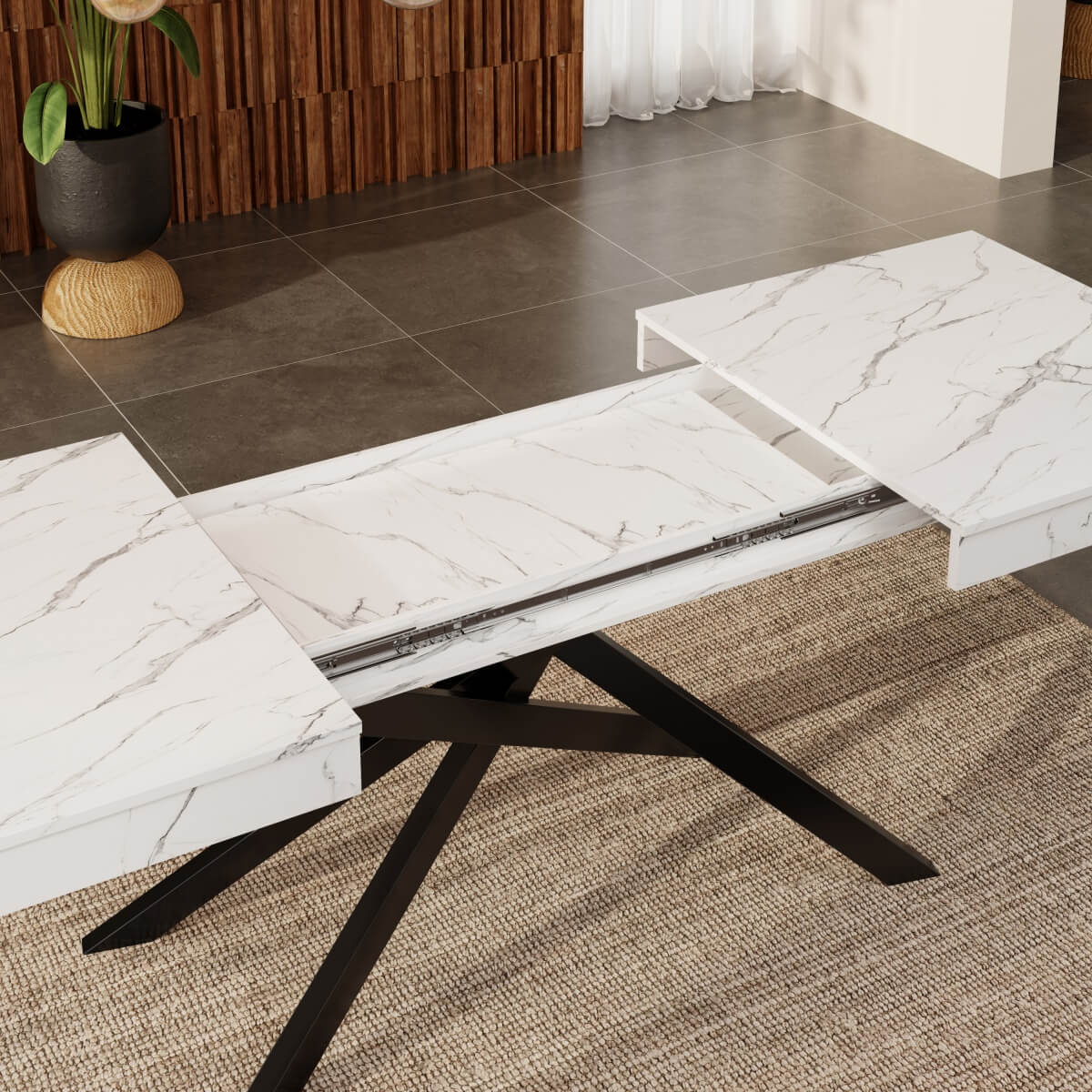 Extendable Dining Table for 6-8 - Modern Table with Marble Effect Tabletop & Metal Cross Legs, Rectangular Kitchen & Dining Room Table, White