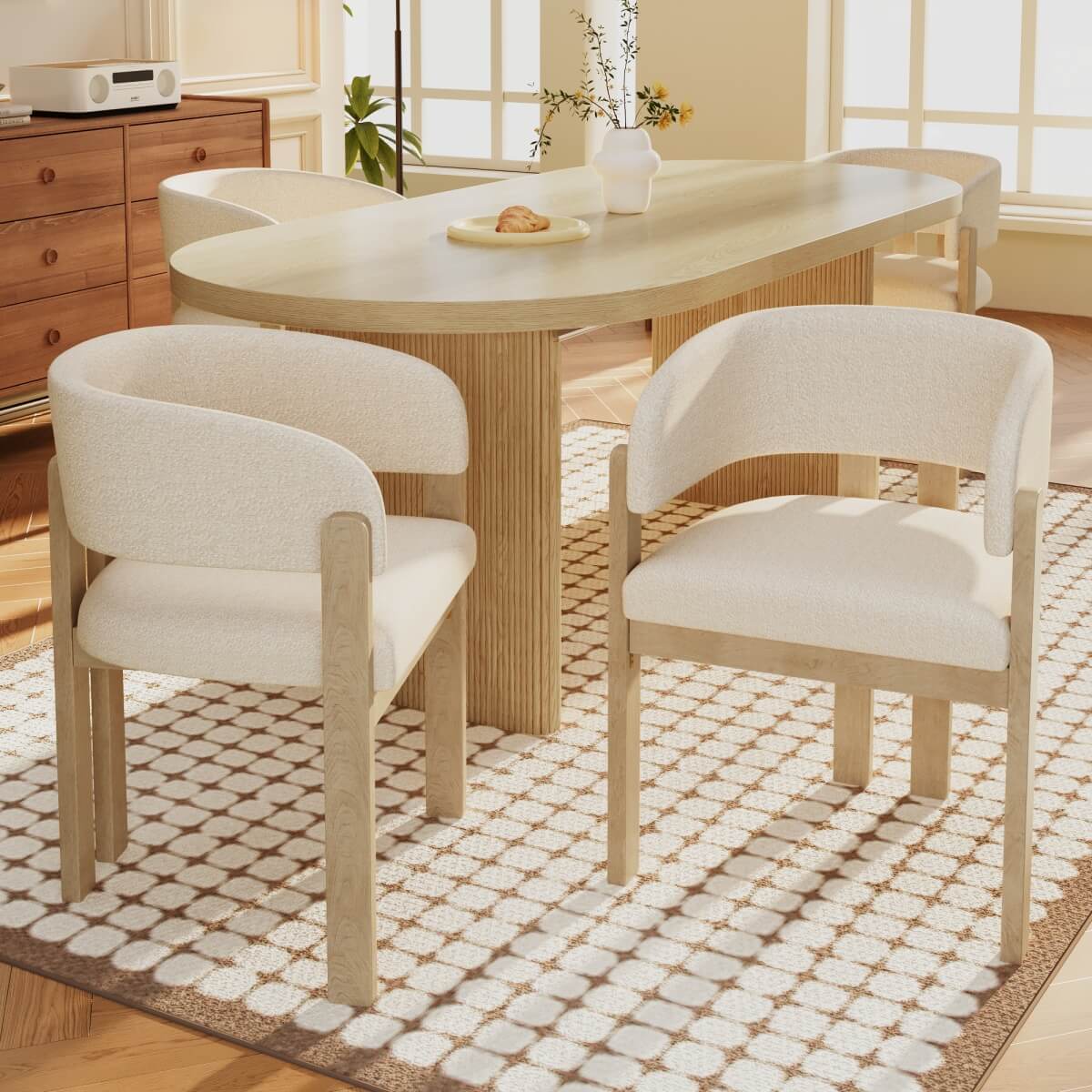 Set of 2 Solid Wood Dining Chairs – Boucle Upholstered Chairs for Dining Room, Living Room, Restaurant or Cafe