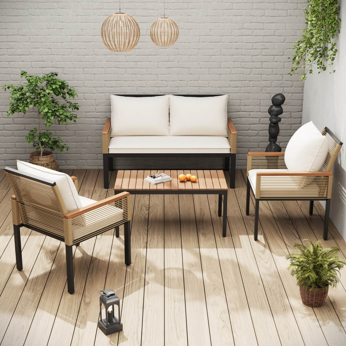 4 Seater Rattan Garden Furniture Set - Outdoor Sofa Set with Cushions, Table and Chairs, Beige
