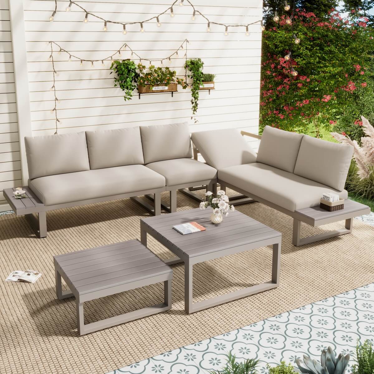 5–6 Seater Garden Lounge Set – 6-Piece Outdoor Patio Furniture with Adjustable Seating, Galvanised Iron Frame and 2 WPC Tables