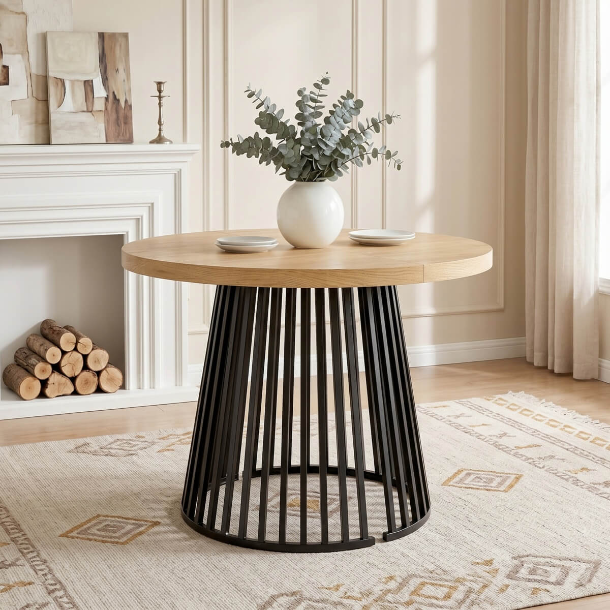 4-8 Seater Extendable Round Dining Table - Round to Oval Kitchen Table with 3cm Thick Tabletop and Metal Pedestal Base, Oak and Black