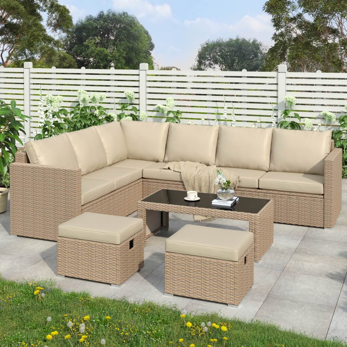 Garden Corner Sofa Set – Khaki Rattan Outdoor Furniture with Coffee Table and 2 Stools