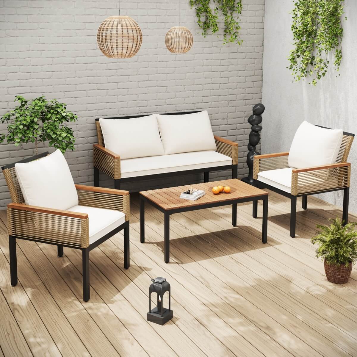 4 Seater Rattan Garden Furniture Set - Outdoor Sofa Set with Cushions, Table and Chairs, Beige