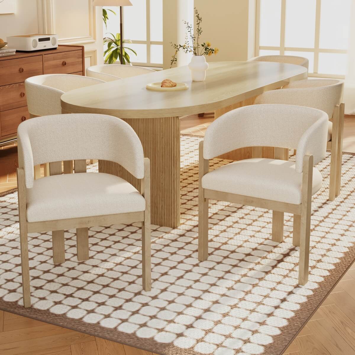 Set of 2 Solid Wood Dining Chairs – Boucle Upholstered Chairs for Dining Room, Living Room, Restaurant or Cafe