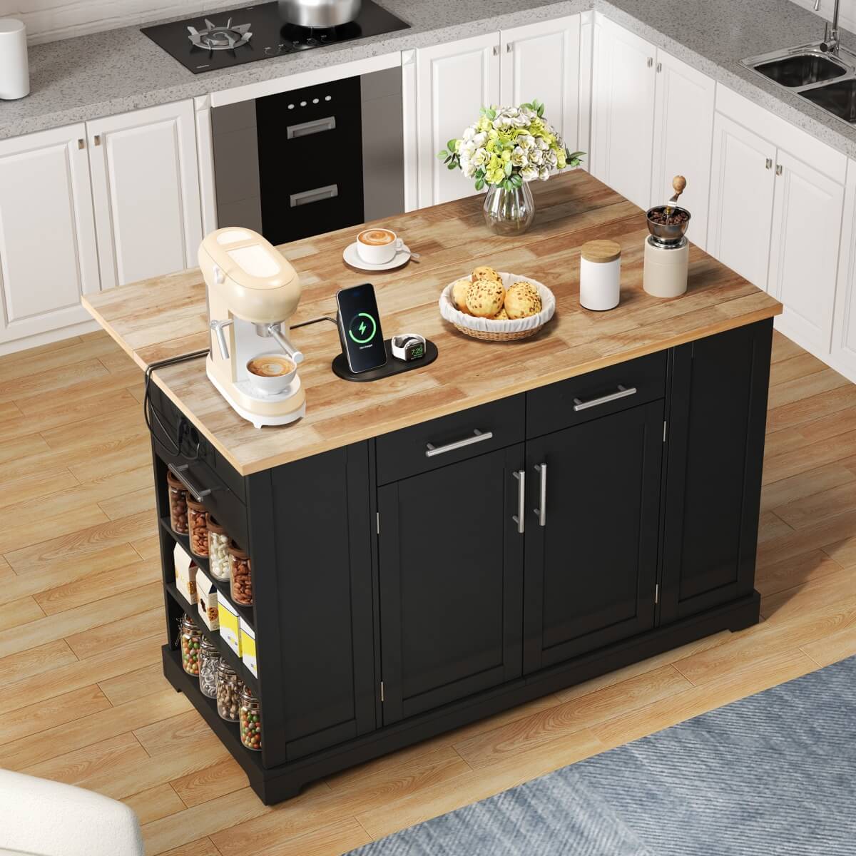 138cm Kitchen Island on Wheels with Folding Worktop - Mobile Kitchen Cabinet with Pull-Out Bin & Power Outlet