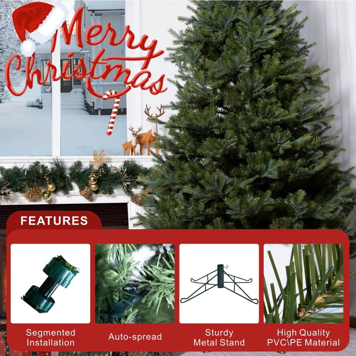 Realistic PE & PVC Artificial Christmas Tree - Full Mixed-Foliage Xmas Tree for a Lush Festive Look, 7ft/8ft/9ft