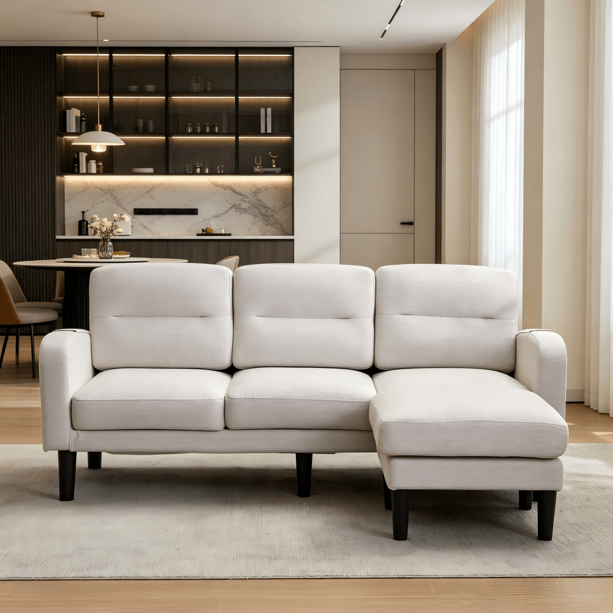 L-Shaped Corner Sofa - 3 Seater Modular Sectional Sofa with Chaise, Side Storage Pockets, Beige