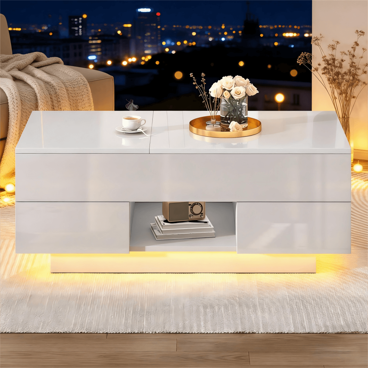 Lift-Top Coffee Table with LED Lights - High Gloss Centre Table with 2 Drawers & Hidden Storage for Living Room