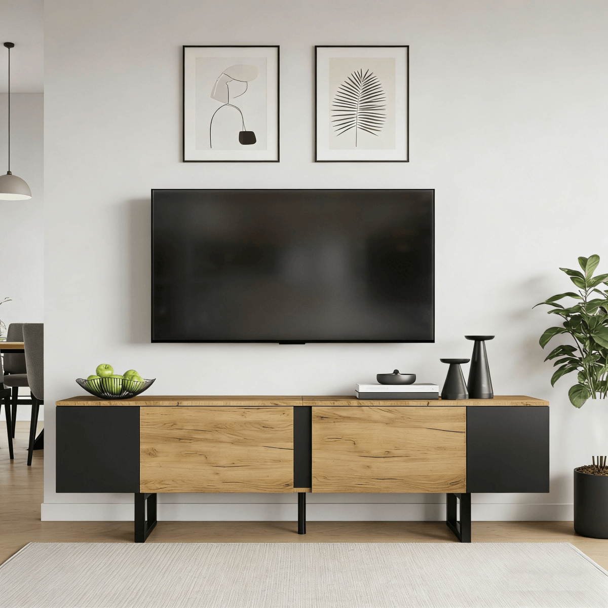 TV Unit - 2 Cabinets and Open Storage, Fits up to 75 Inch TV, Wood and Black