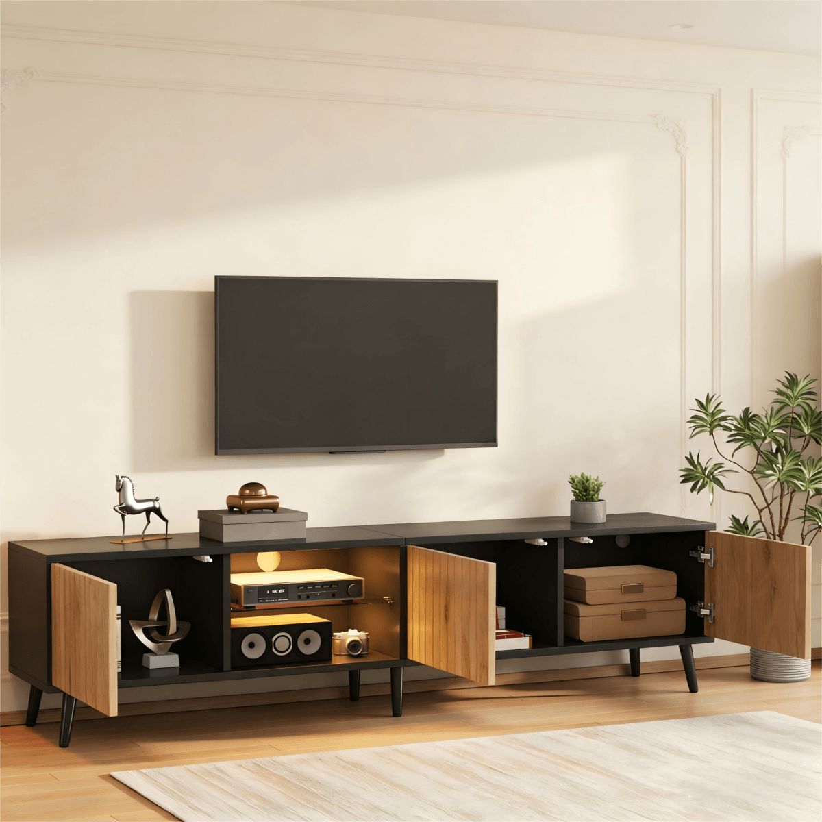 175cm Mid-Century Modern LED TV Stand - Black Media Console with Storage Cabinets