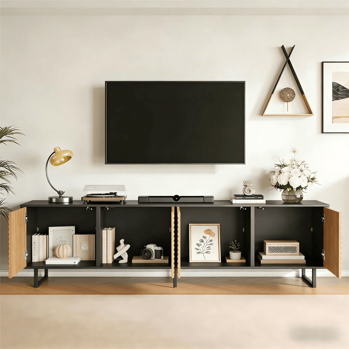 180cm Industrial TV Stand for 75 Inch TVs - Black & Wood Media Console with 4 Storage Cabinets
