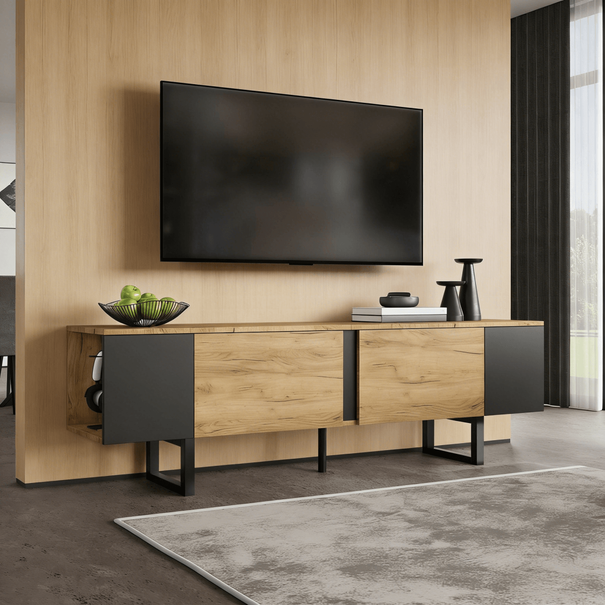 TV Unit - 2 Cabinets and Open Storage, Fits up to 75 Inch TV, Wood and Black