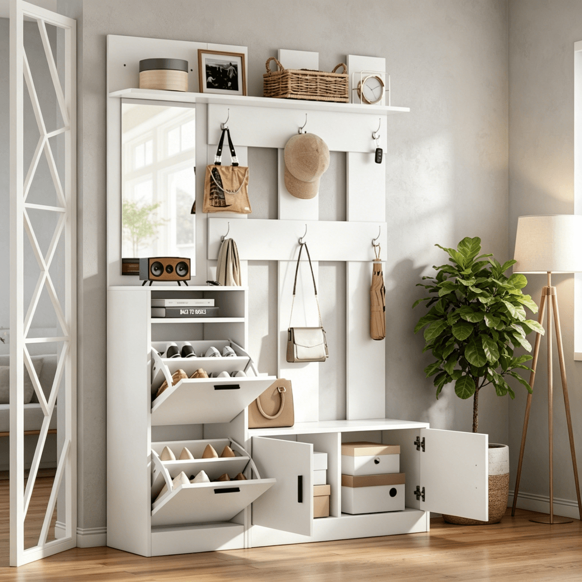 Modern White Hall Tree Entryway Set with Mirror - Freestanding Coat Rack and Shoe Storage Cabinet with 6 Hooks and Shoe Bench