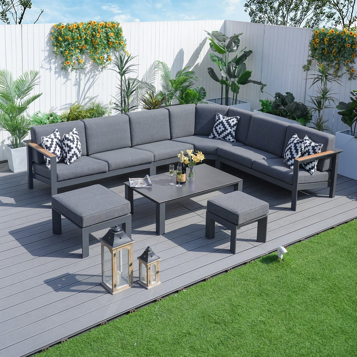 ARVE 5-Seater Modular Aluminium Outdoor Corner Sofa Set – 7 Pieces · Teak Armrests · Olefin Cushions · Ceramic Glass Coffee Table
