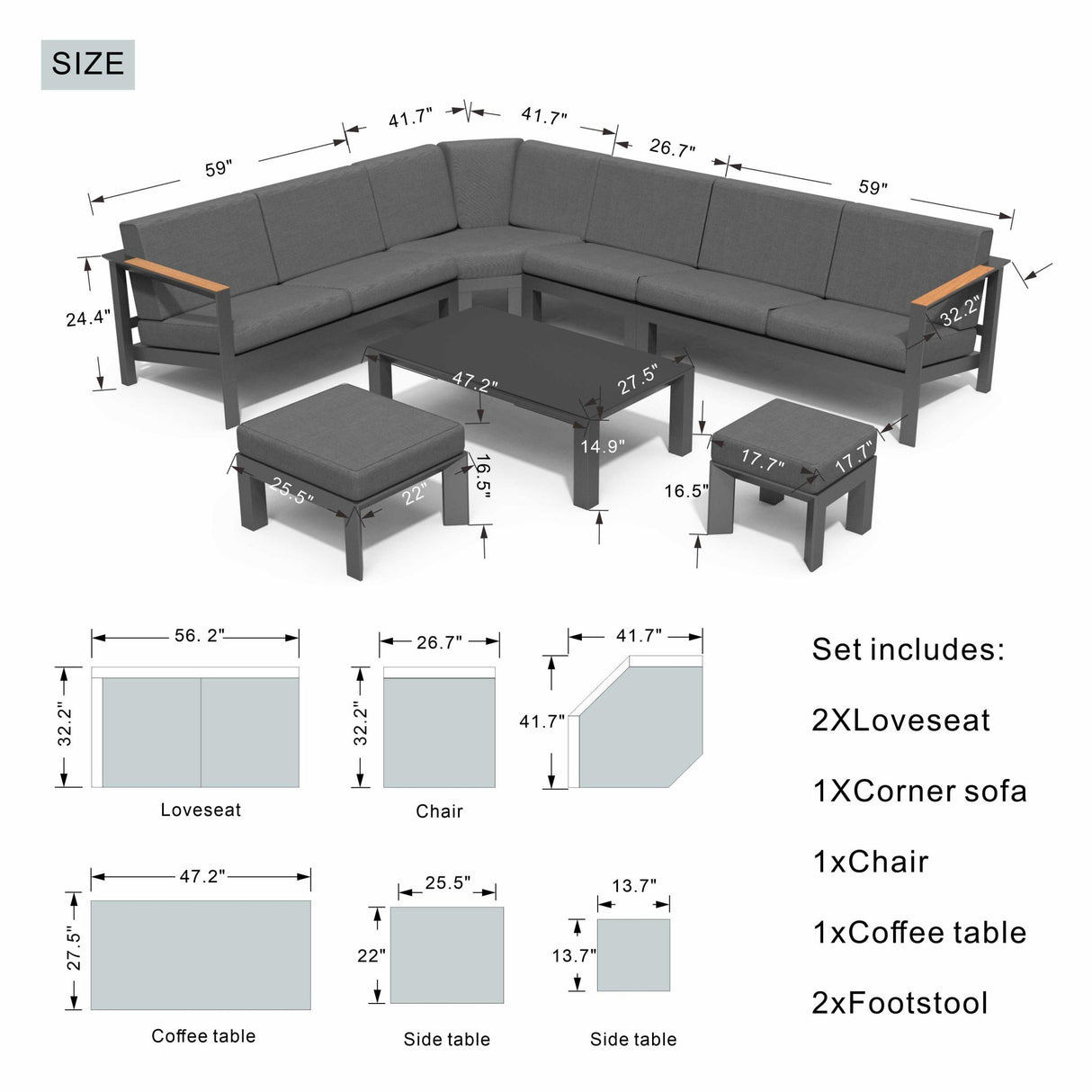 ARVE 5-Seater Modular Aluminium Outdoor Corner Sofa Set – 7 Pieces · Teak Armrests · Olefin Cushions · Ceramic Glass Coffee Table
