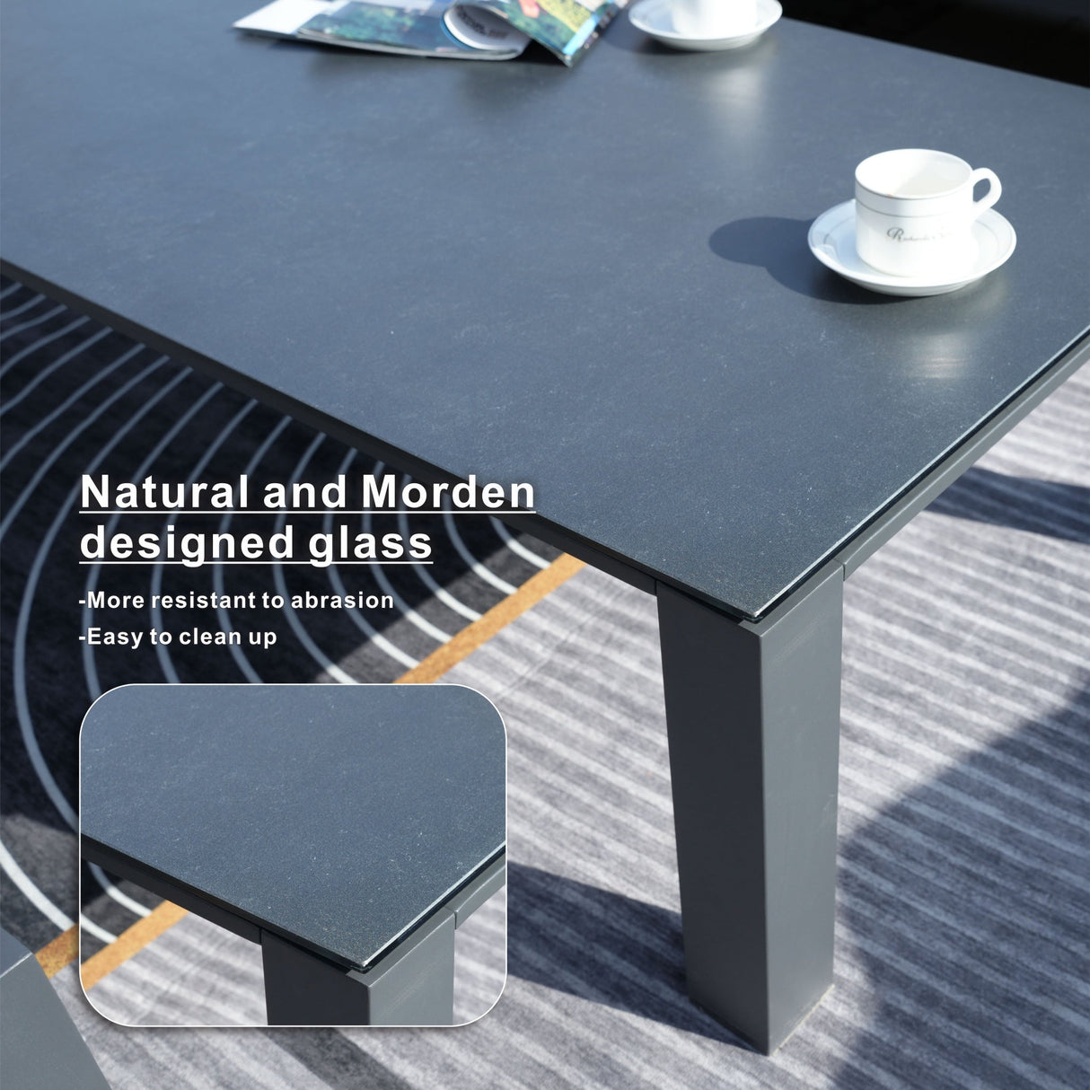 ARVE 5-Seater Modular Aluminium Outdoor Corner Sofa Set – 7 Pieces · Teak Armrests · Olefin Cushions · Ceramic Glass Coffee Table