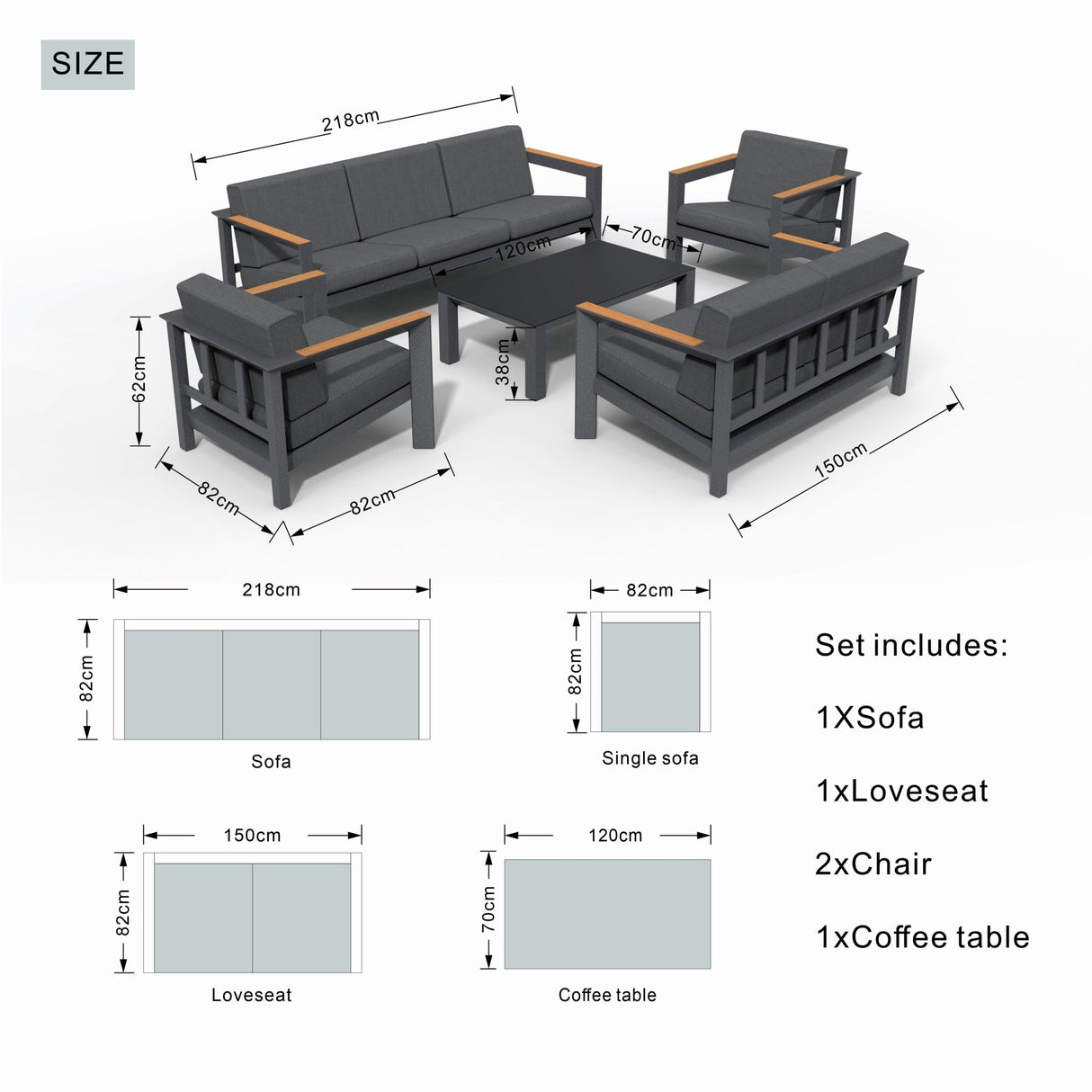 ARVE 5 Seater Outdoor Sofa Set with ZENITH Fire Pit Table - 5 Pieces