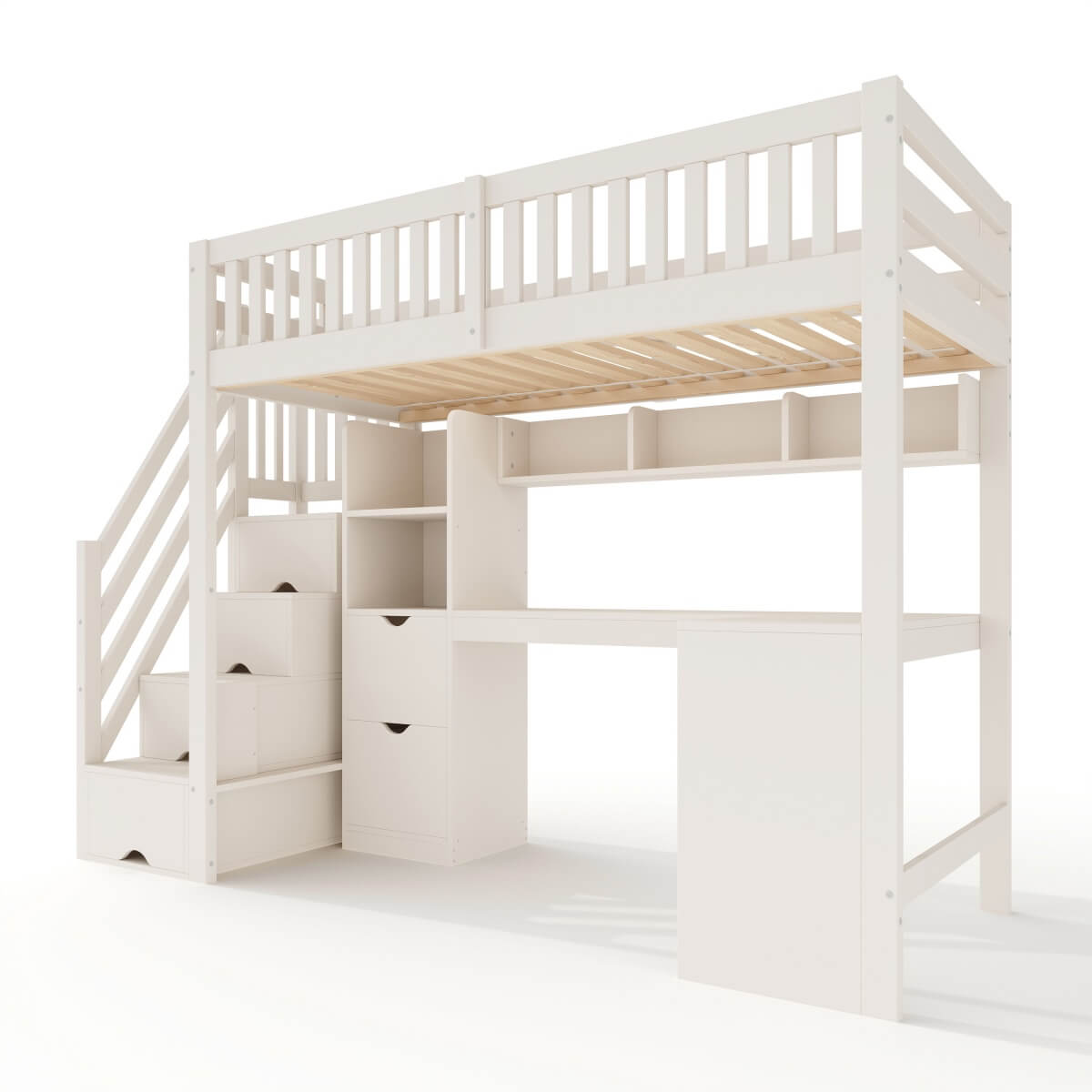 Single High Sleeper Bed with Desk and Storage Stairs - Wooden Loft Bed with Large Corner Desk, Shelves and Safety Guard Rails, White