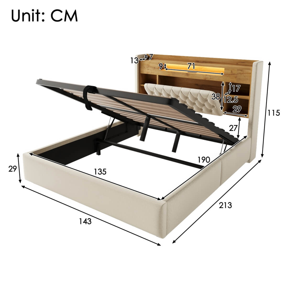 4ft6 Double Upholstered Storage Bed with Hydraulic Lift - LED Lighting & Charging Station, Linen, Beige