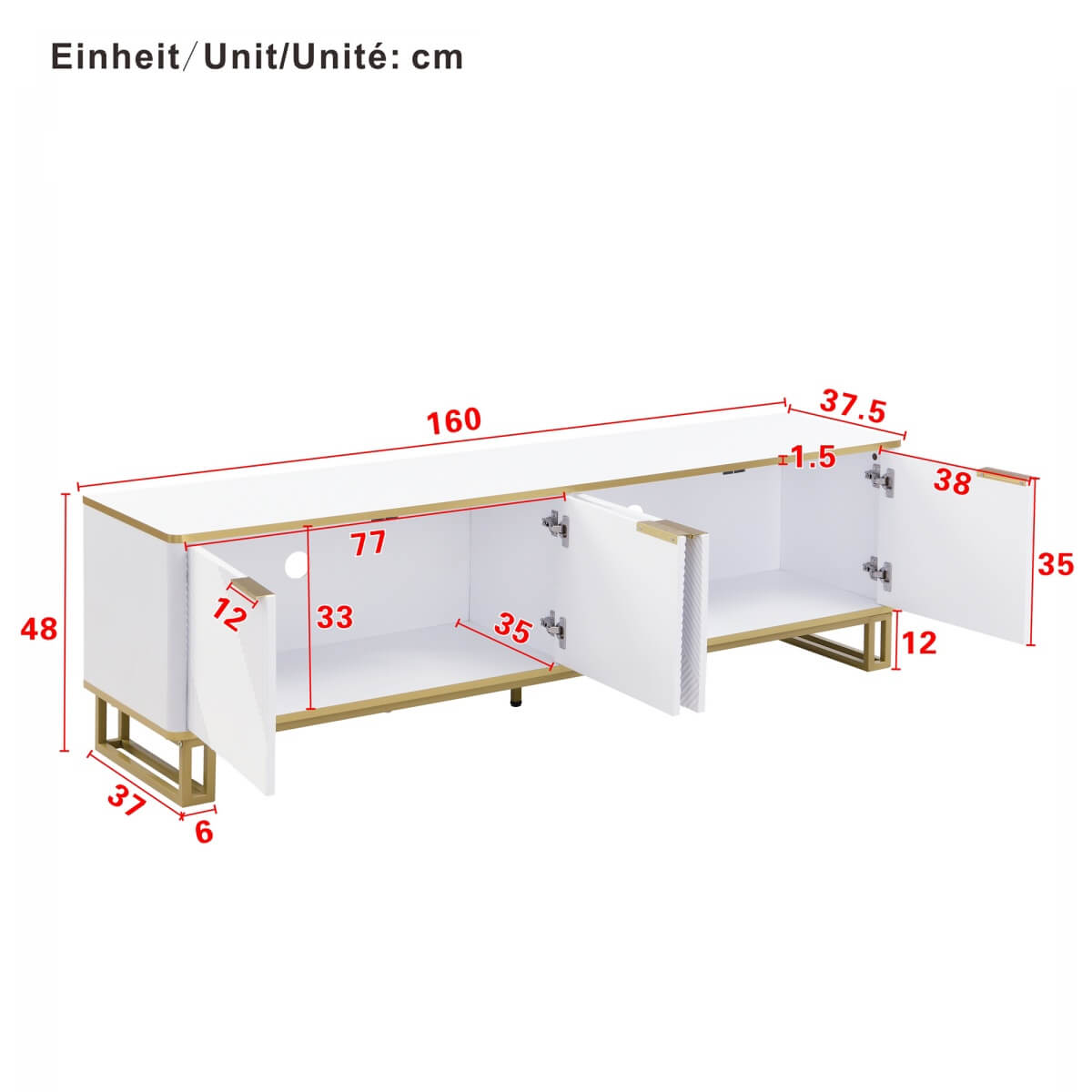Modern TV Cabinet with 4 Doors - Geometric Texture TV Stand & Media Console, White