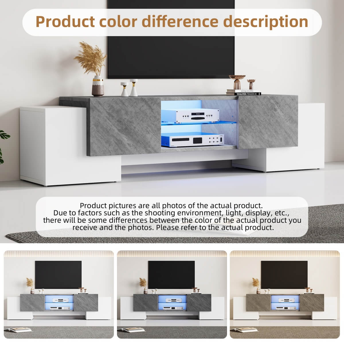 TV Stand with LED Lights - 4 Doors & 2 Open Storage Compartments, White & Grey MDF, 180x40x46.5cm, Fits Up to 80" TV