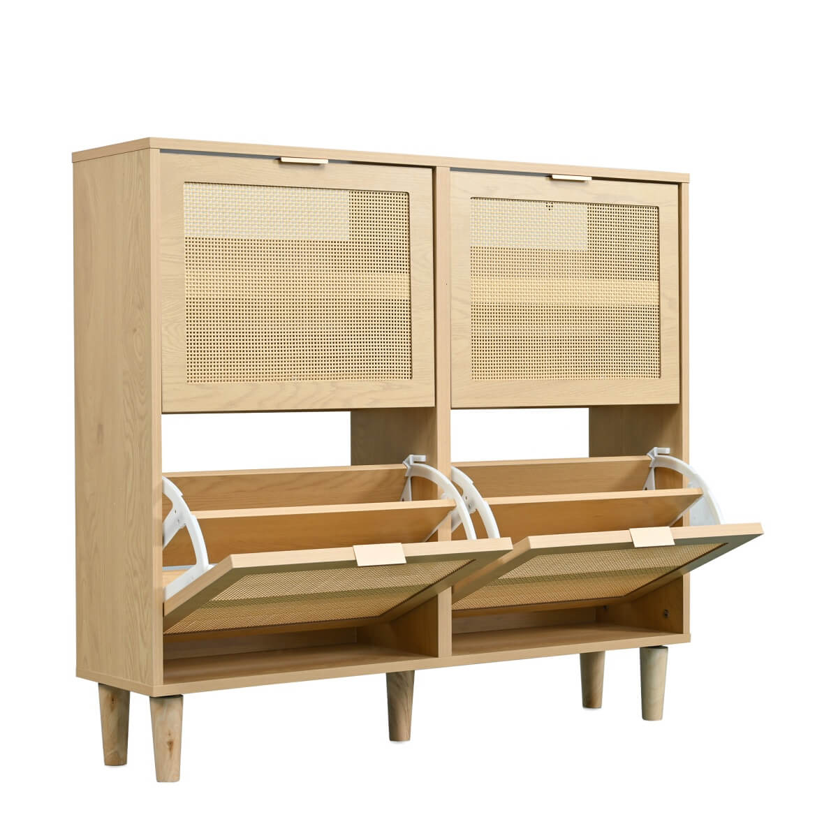 Rattan Shoe Storage Cabinet with 4 Flip Drawers - Wooden Hallway Shoe Organiser, Light Oak