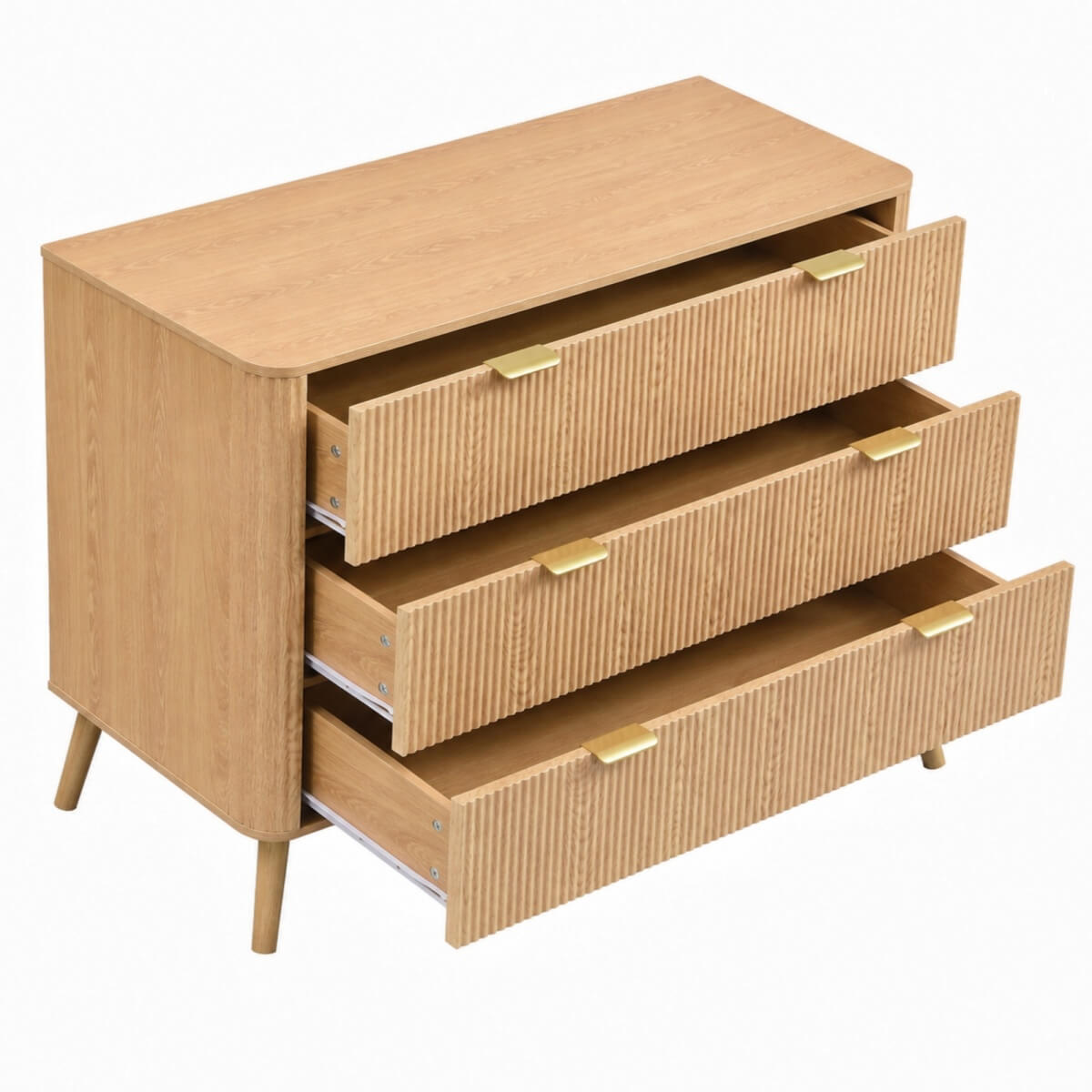 3-Drawer Chest of Drawers - Fluted Bedroom Storage Unit with Rounded Corners, Gold Handles and 4 Solid Wood Legs, Natural Oak Effect