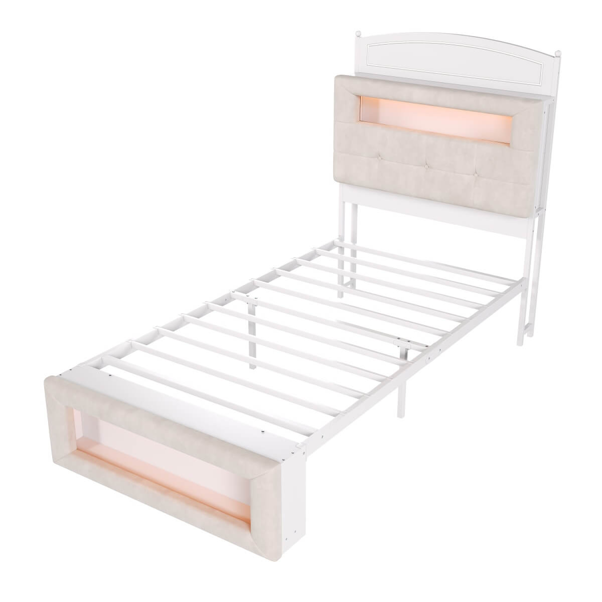 3ft Single Upholstered Storage Bed with LED Lights - Storage Headboard and Footboard, Velvet, Cream White