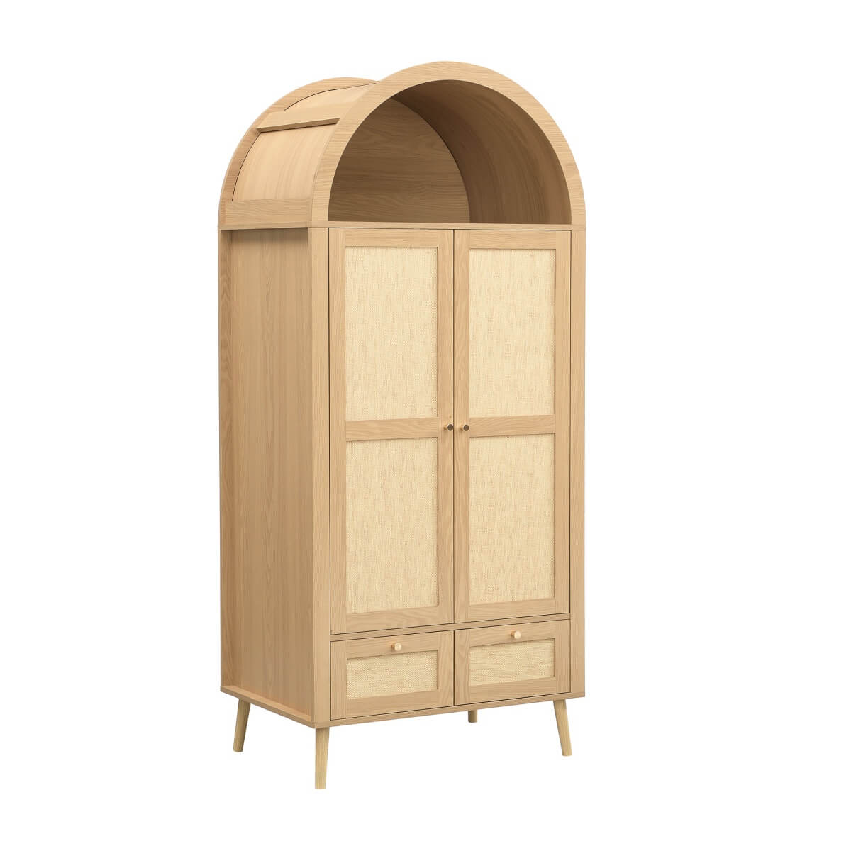 180cm Rattan Effect 2 Door Wardrobe with Arched Top - Natural Oak Storage Wardrobe with Hanging Rail, Display Shelf and 2 Drawers