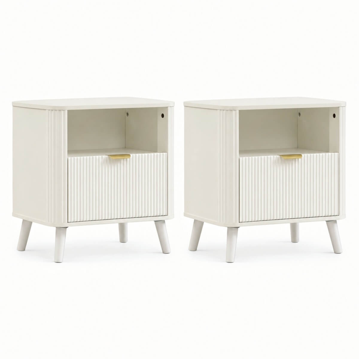 Set of 2 Fluted Bedside Tables - Drawer and Open Shelf, Rounded Corners, Gold Handles and 4-Leg Solid Wood Base, Cream White
