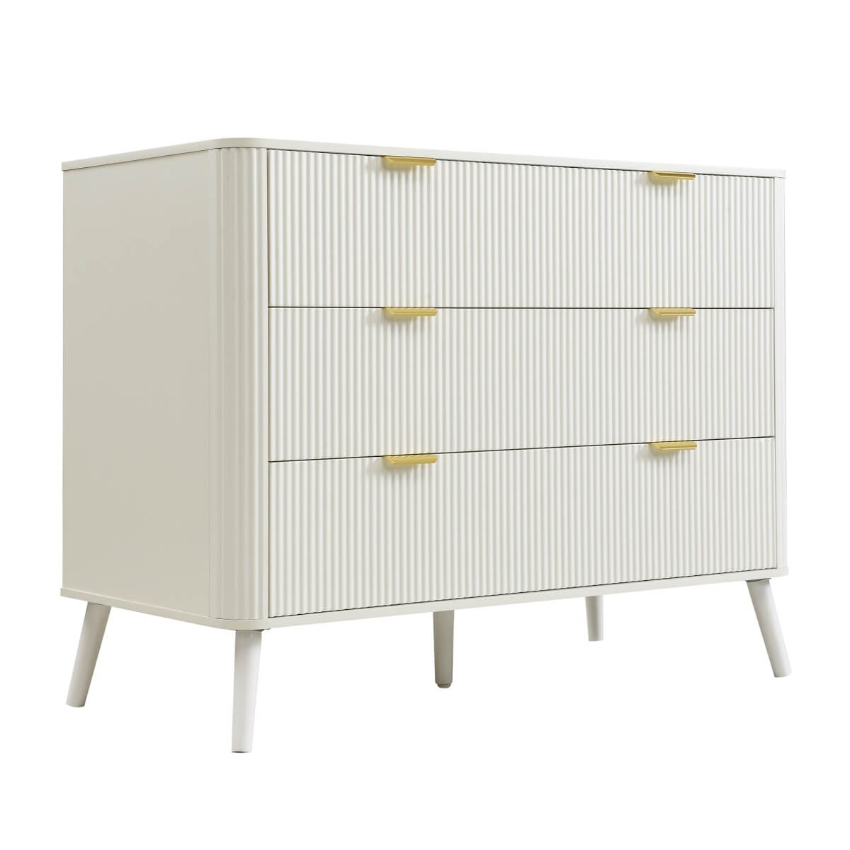 3-Drawer Chest of Drawers - Fluted Bedroom Storage Unit with Rounded Corners, Gold Handles and 4 Solid Wood Legs, Cream White