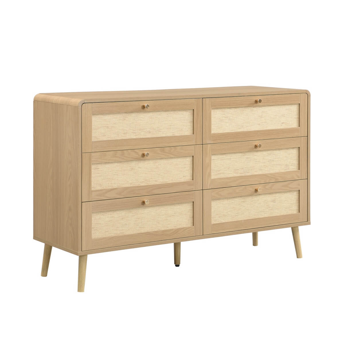 120cm 6 Drawer Chest of Drawers - Rattan Effect Bedroom Storage Dresser with Rounded Corners and Raised Legs, Natural Oak