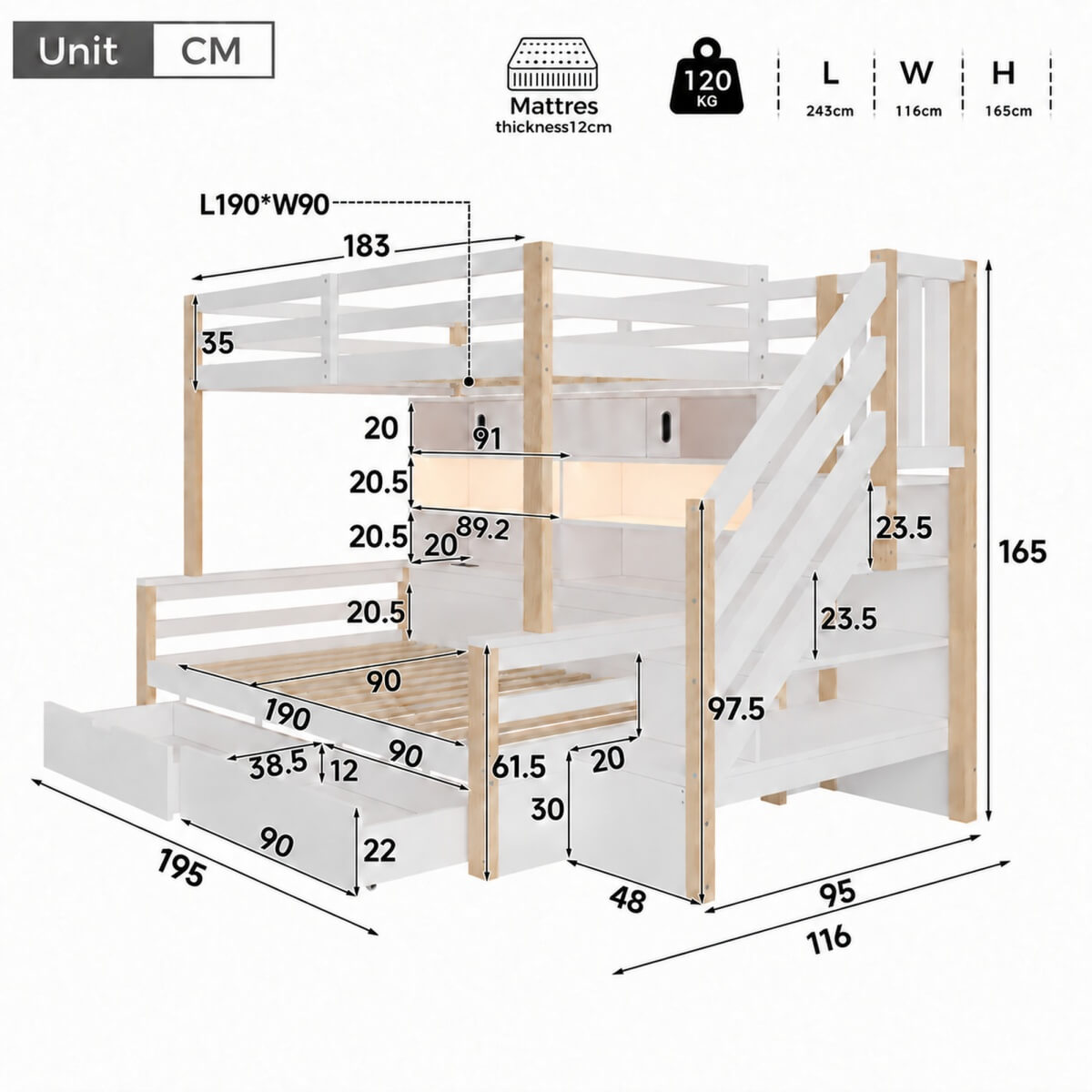 3ft Single Bunk Bed with Storage Staircase - Kids Bunk Bed Frame with Drawers, Shelves, LED Lights and Charging Station, White and Natural