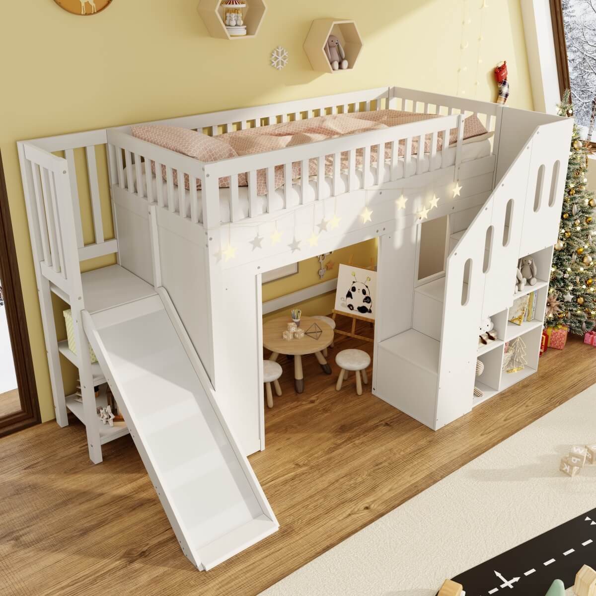 3ft Kids Loft Bed with Storage Stairs & LED Lights - Solid Wood Cabin Bed, White