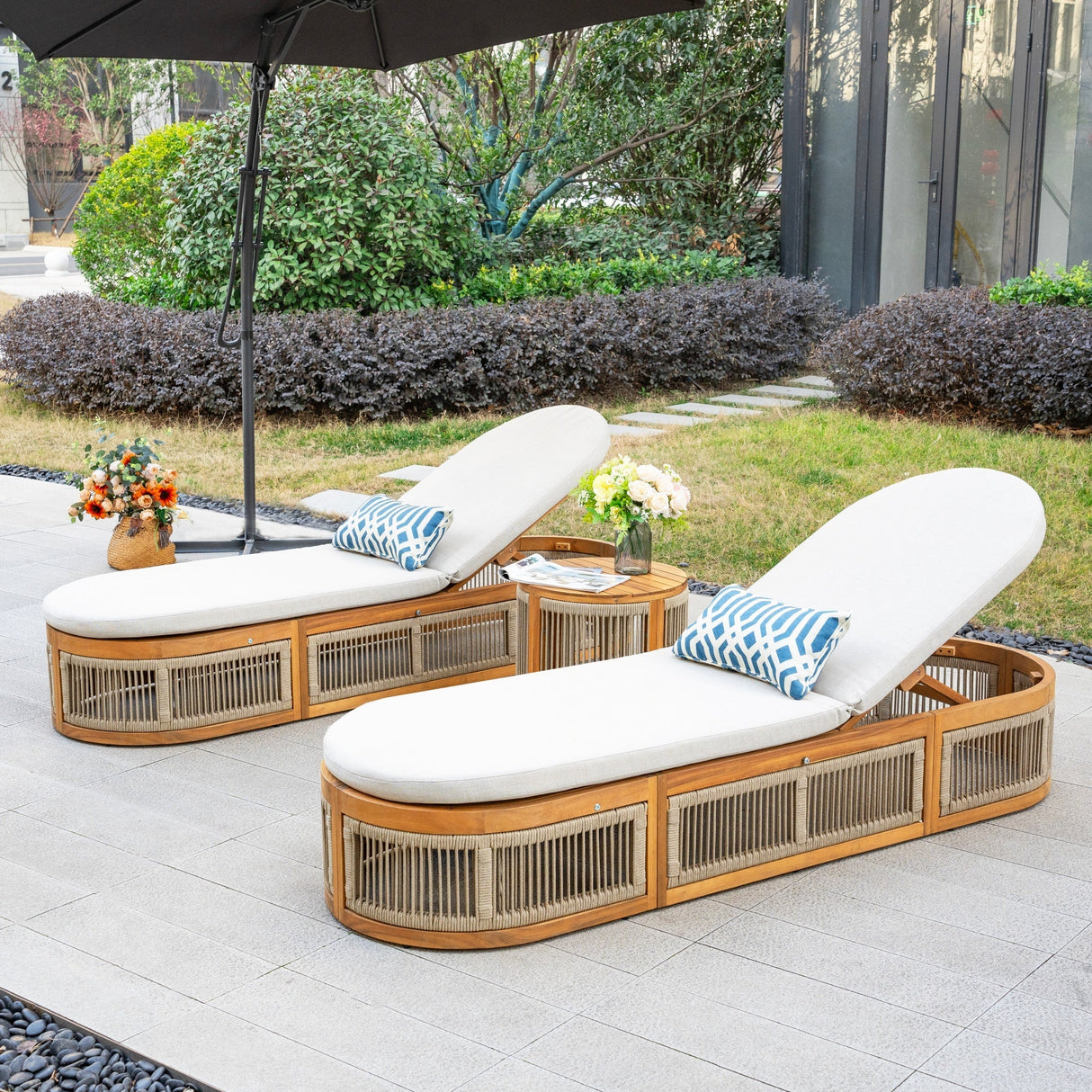 CAVEN Solid Wood Adjustable Sun Lounger Set - 2 Loungers with Side Tables