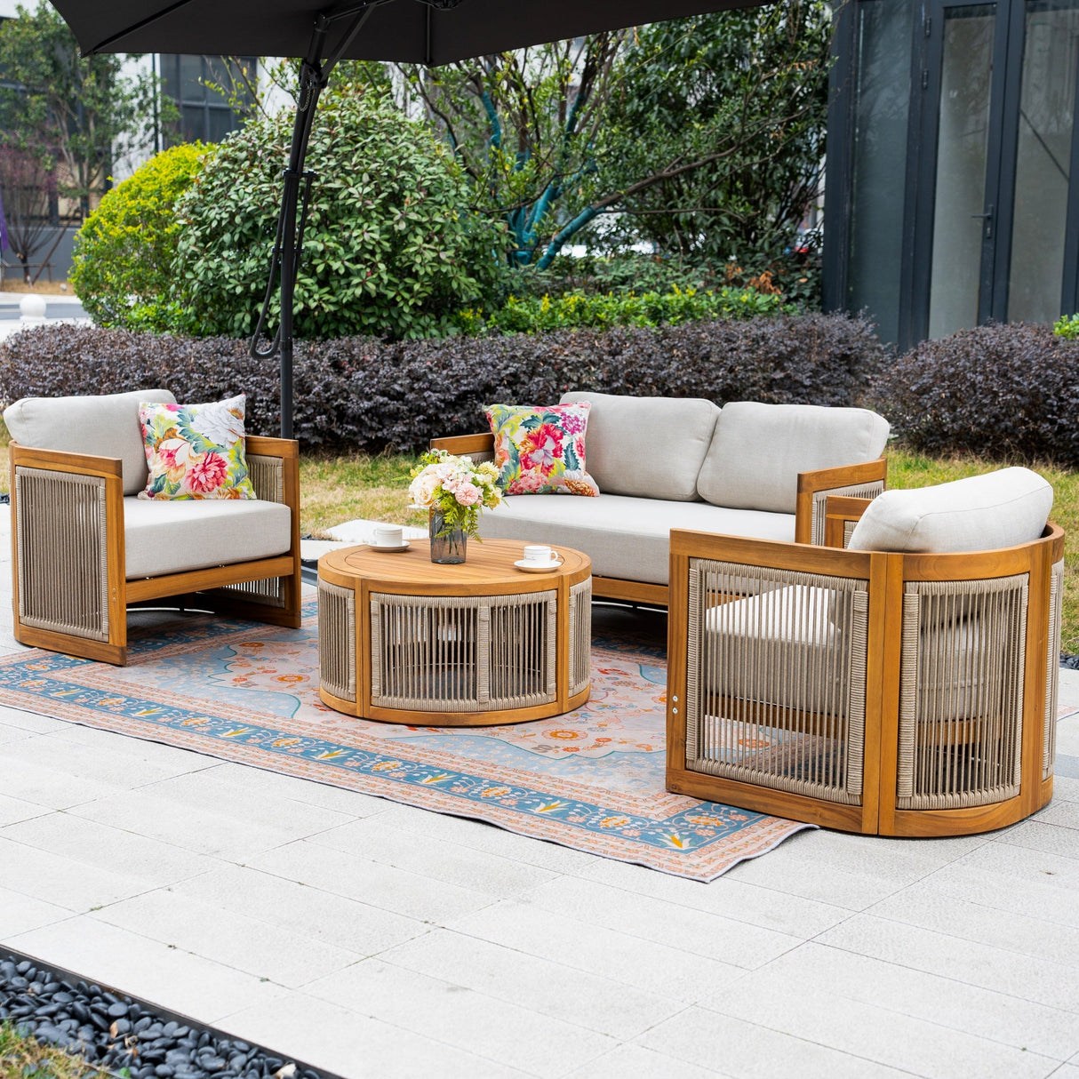 CAVEN 4-Seater Solid Wood Garden Sofa Set - 4-Piece Outdoor Sofa Set with Cushions