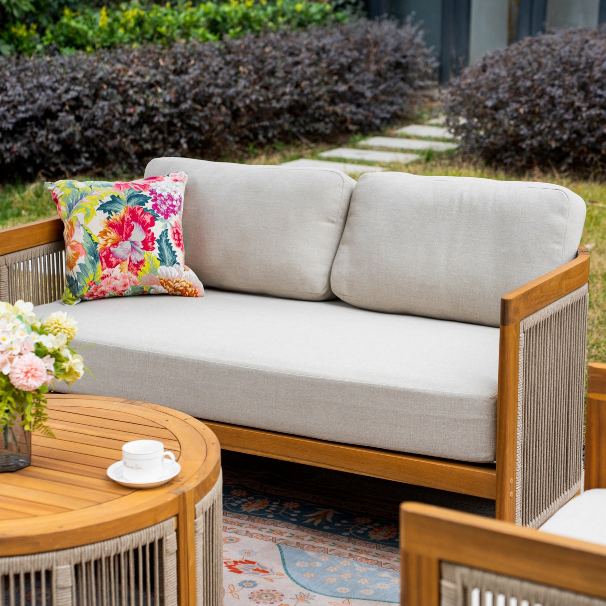 CAVEN 4-Seater Solid Wood Garden Sofa Set - 4-Piece Outdoor Sofa Set with Cushions