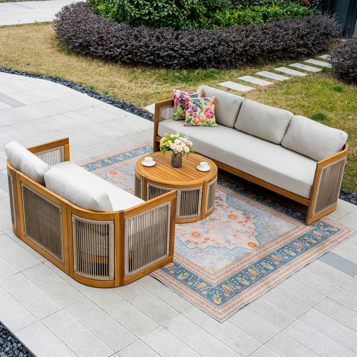 CAVEN 5-Seater Solid Wood Garden Sofa Set - 3-Piece Outdoor Sofa Set with Cushions