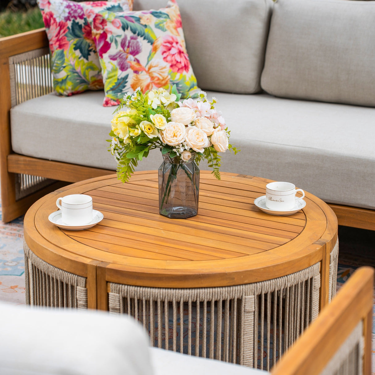 CAVEN 5-Seater Solid Wood Garden Sofa Set - 3-Piece Outdoor Sofa Set with Cushions