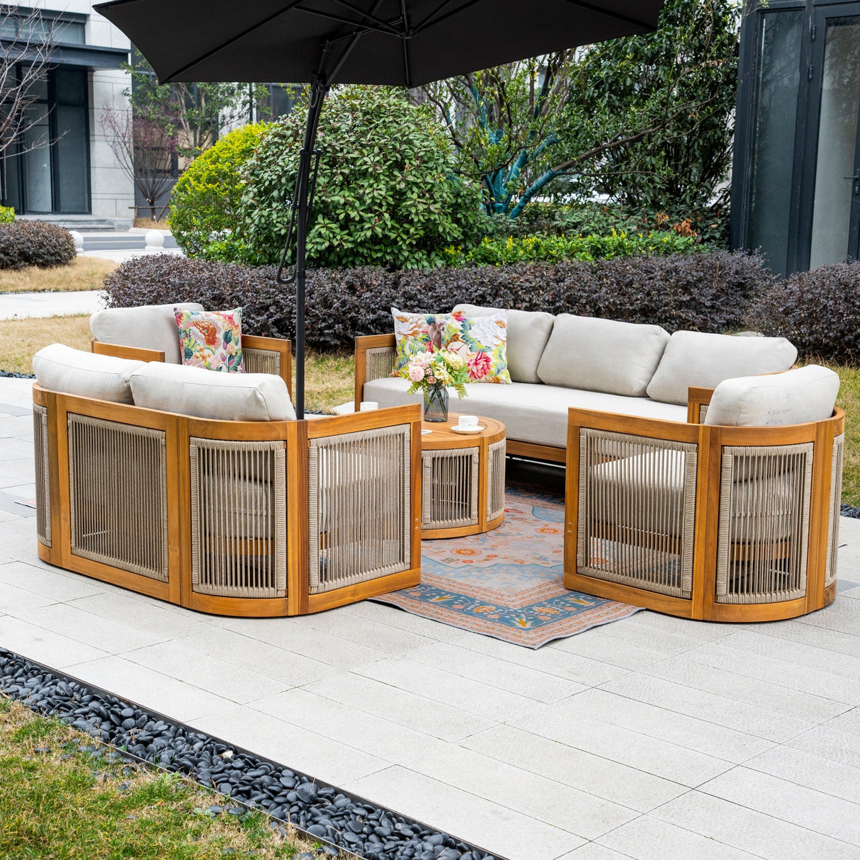 CAVEN 7-Seater Solid Wood Garden Sofa Set - 5-Piece Outdoor Sofa Set with Cushions