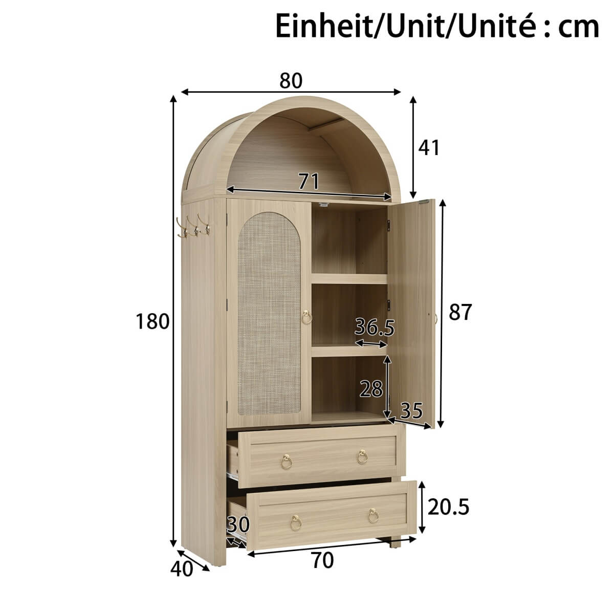 Rattan Effect Sideboard with 2 Drawers - Vintage Storage Cabinet with Arched Design for Living Room and Bedroom, Oak