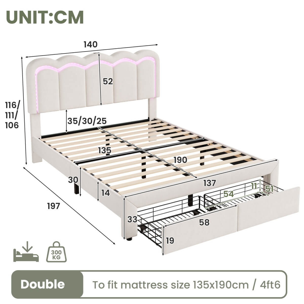 4ft6 Double Velvet Bed Frame with LED Wavy Headboard - Upholstered Bed with Storage Drawers, Charging Station, Beige