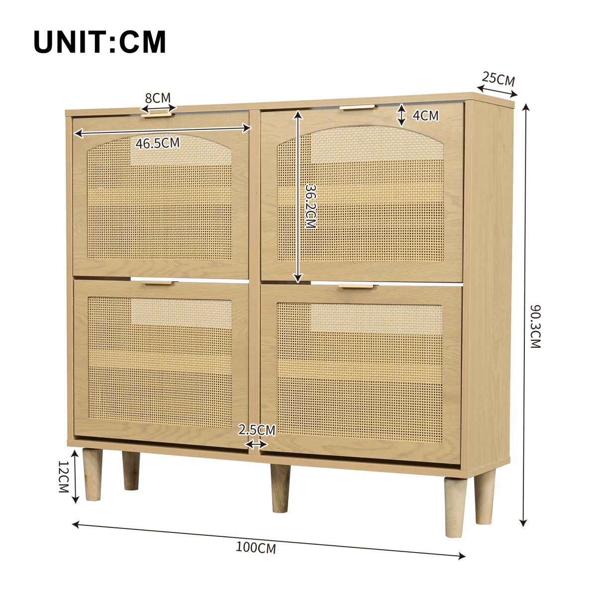 Slim Rattan Shoe Cabinet with 4 Drawers - Space Saving Hallway Storage Unit, Light Oak