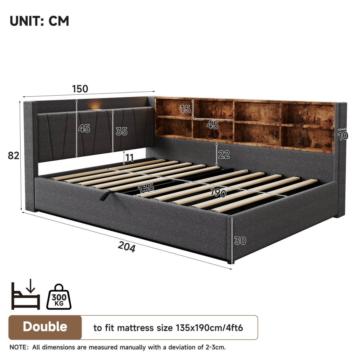 4ft6 Double Ottoman Bed Frame with Hydraulic Storage - Upholstered Linen Bed with LED Headboard, Charging Station, Bedside Shelves and Storage Compartments, Grey
